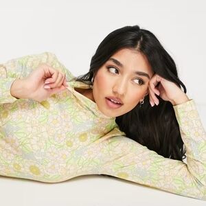 Monki Pastel Floral Long Sleeve Tee in Yellow, Green, Pink